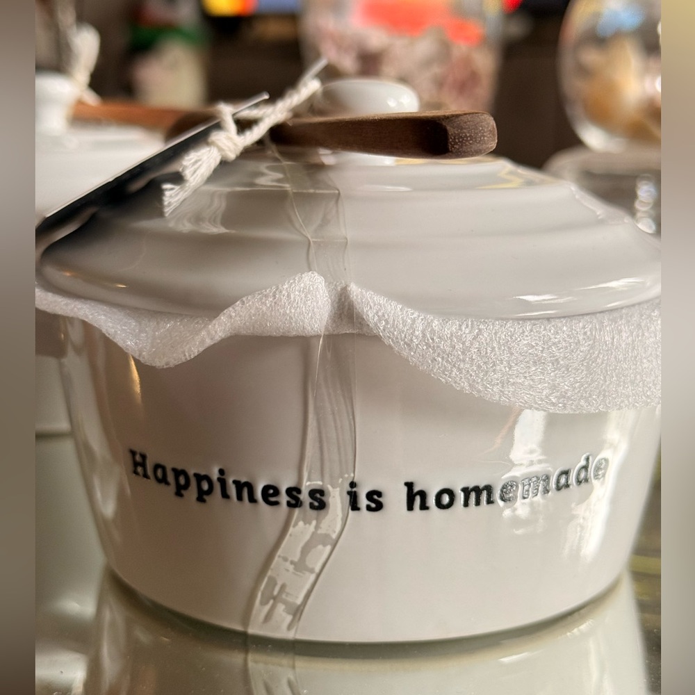Maison Home “Happiness is Homemade” Ceramic Mini Dutch Oven w/ Lid & Wood Spoon